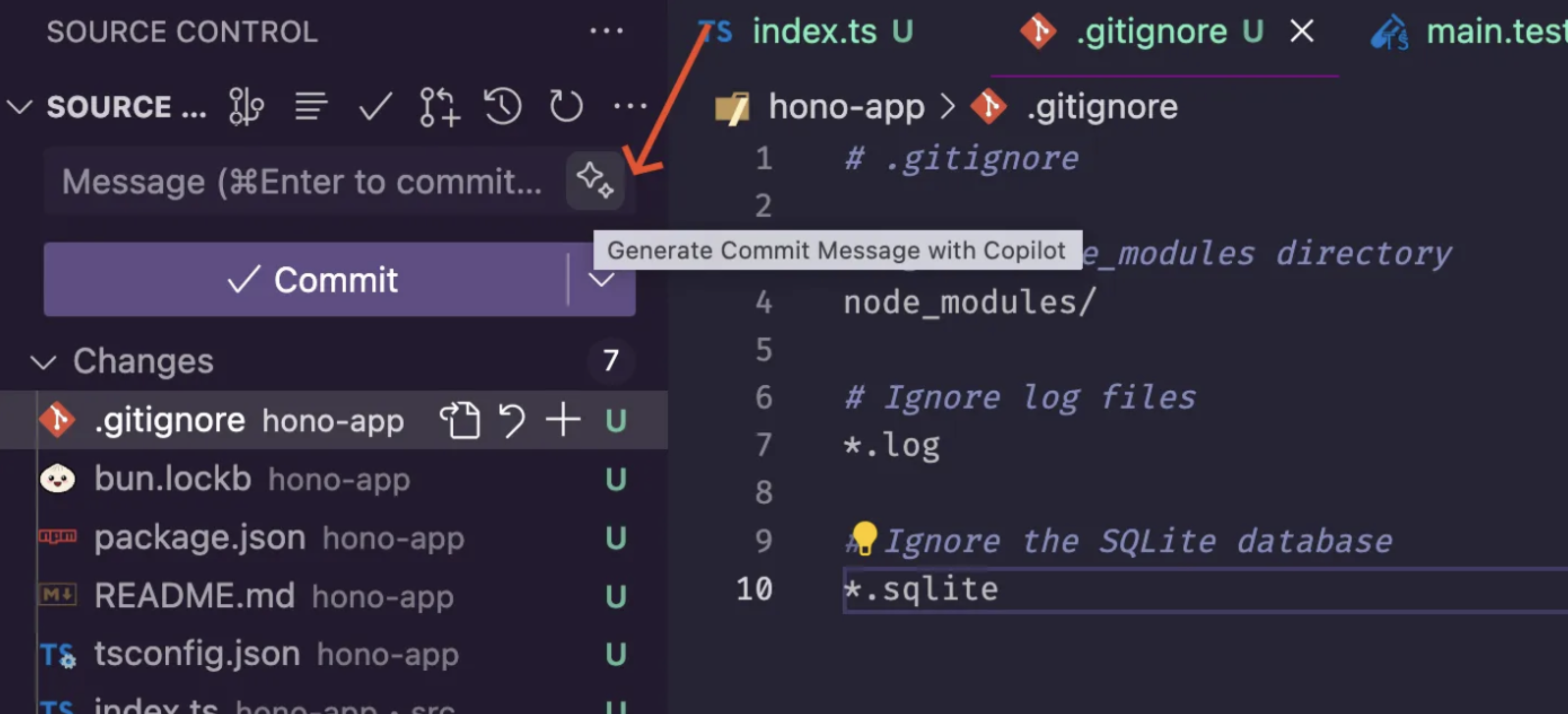 Screenshot of VSCode highlighting the AI commit button